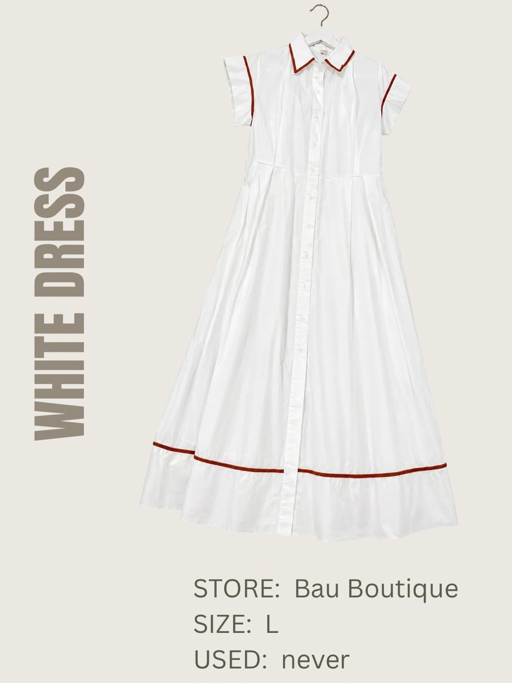 White Button-Front Maxi Dress with Red Trim